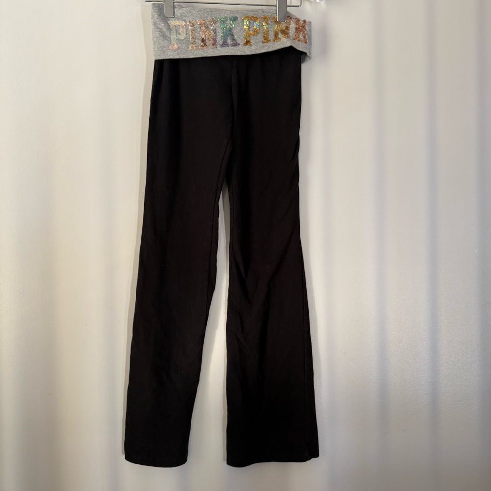 VS PINK Y2K bling foldover flare yoga leggings black grey sequin waistband Small - Picture 12 of 14
